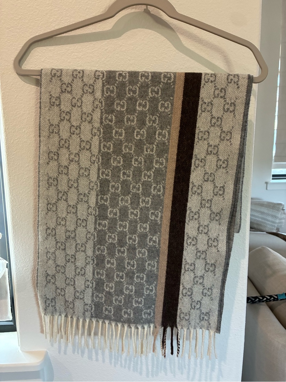 Gucci Beige and Gray Logo Wool Scarf with Brown Stripe